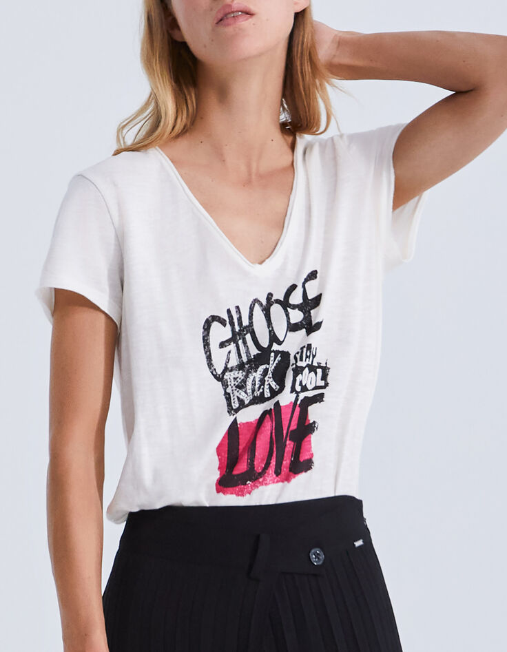 Tee-shirt écru coton bio à message clouté Femme-2 Tee-shirt écru coton bio à message clouté Femme-2