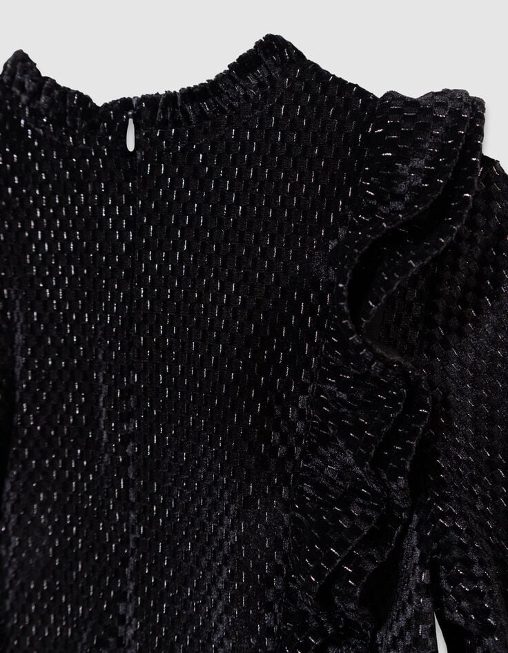 Schwarzes Kleid aus Velours mit Rüschendetails, Mädchen-6 Schwarzes Kleid aus Velours mit Rüschendetails, Mädchen-6