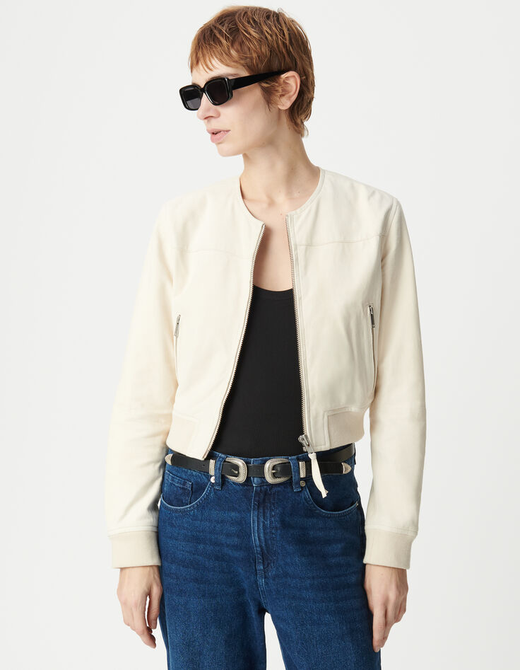 Blouson court beige cuir velours Femme-2