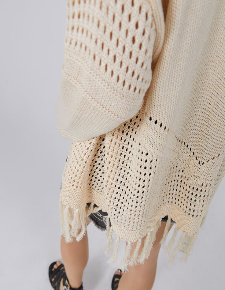 Cardigan écru tricot ajouré avec franges Femme-4