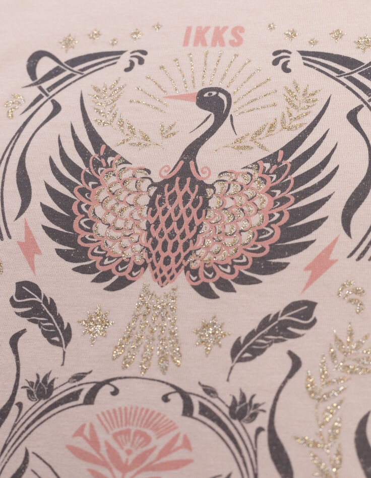 Camiseta de niña pájaro rosa con detalles dorados-5