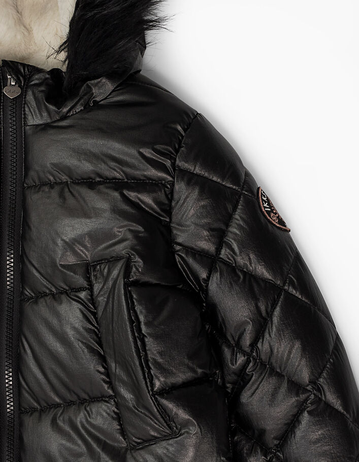 Girls’ black coated padded jacket with fur hood  - IKKS