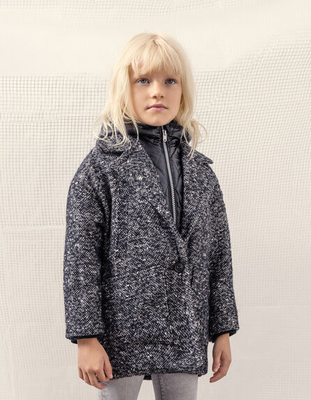 Girls’ black tweed-look coat with padded jacket facing