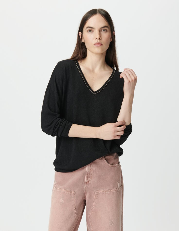 Pull noir tricot fin lurex encolure bijou Femme-2 Pull noir tricot fin lurex encolure bijou Femme-2