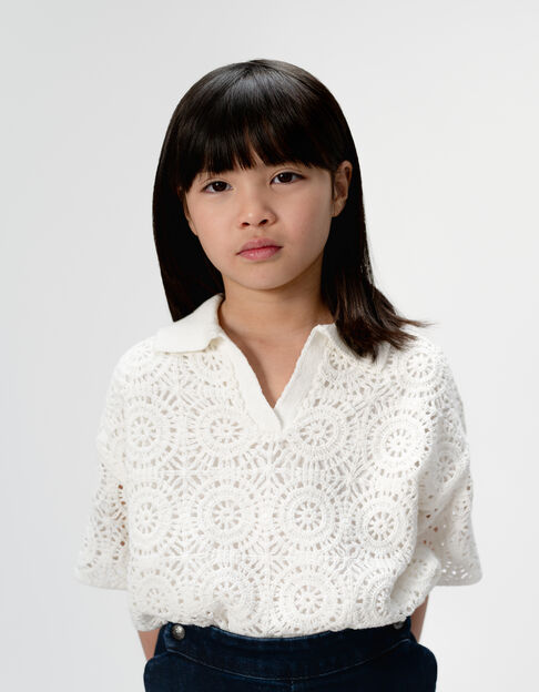 Top manches courtes blanc col polo crochet ajouré fille - IKKS