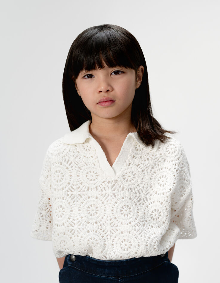 Top manches courtes blanc col polo crochet ajouré fille-10 Top manches courtes blanc col polo crochet ajouré fille-10