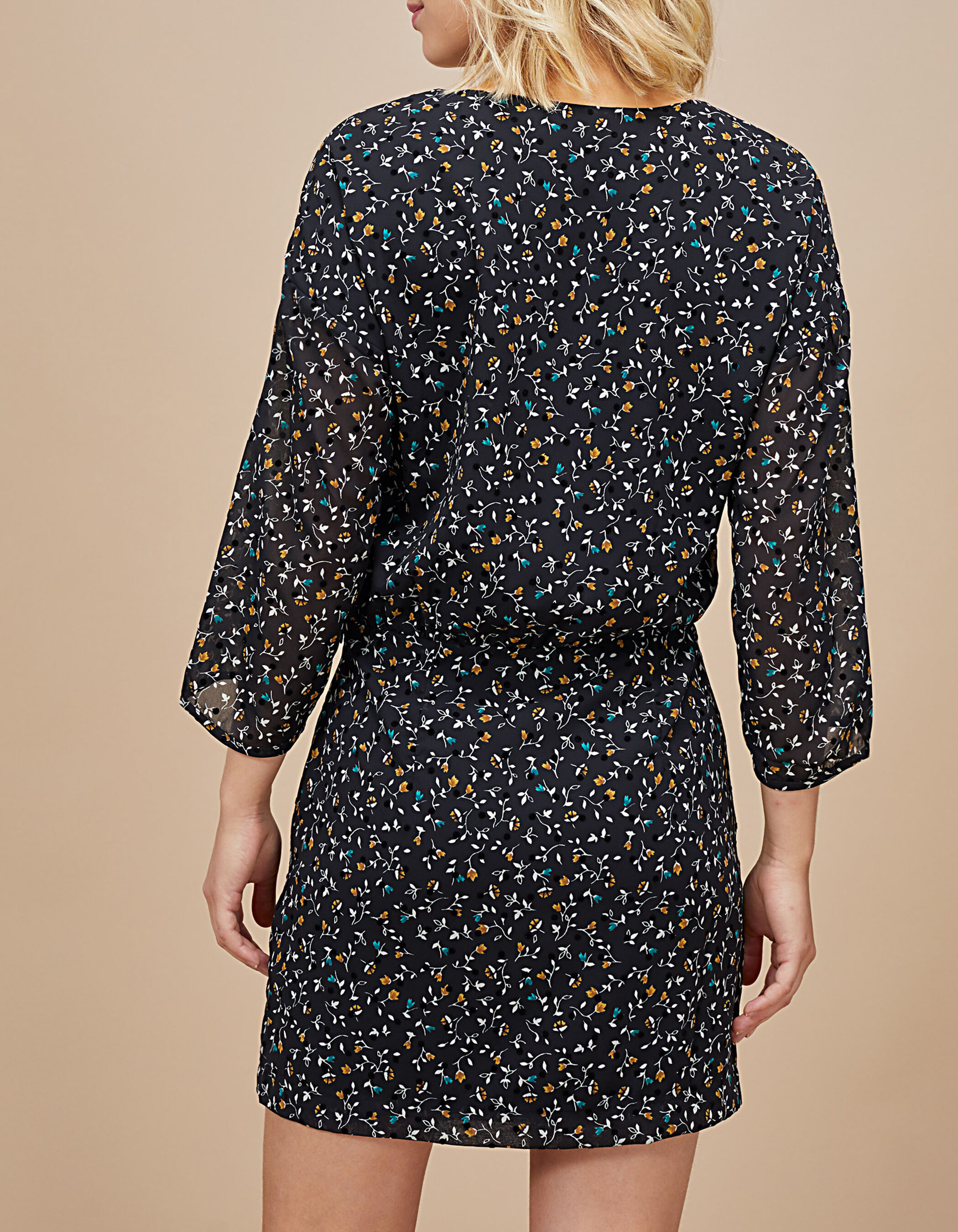 I.Code black velvet polka dot and tiny flower print dress