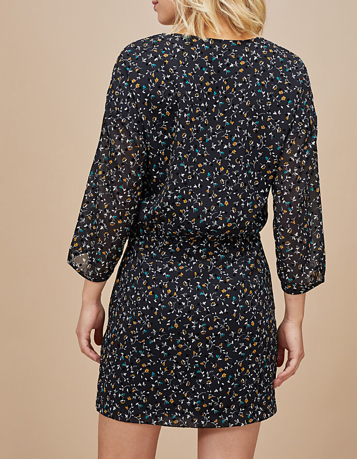 Robe noire imprimé fleurettes floqué pois velours I.Code-3