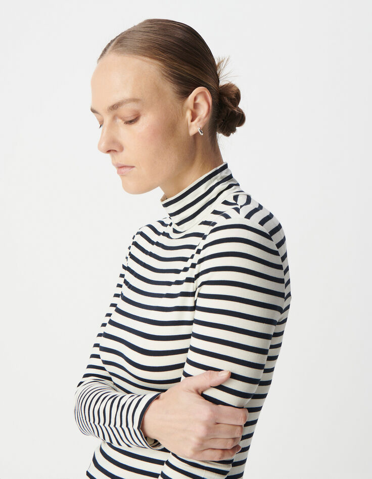 Dames-T-shirt met navy coltrui en witte strepen-4