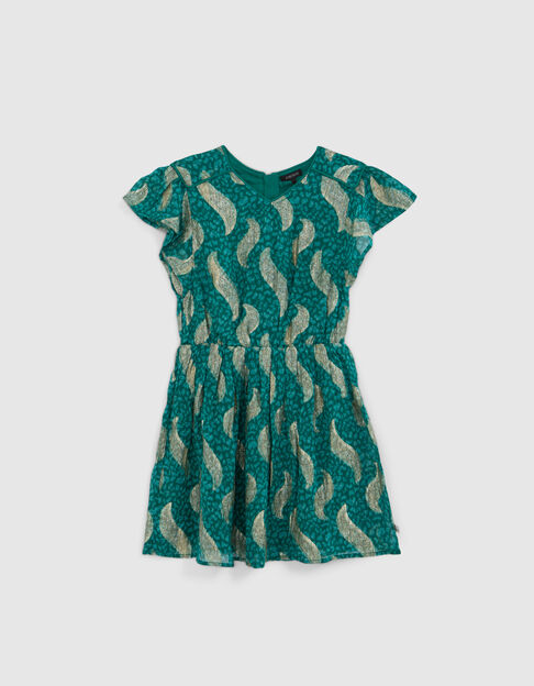 Girls' green short dress with gold leaf print - IKKS