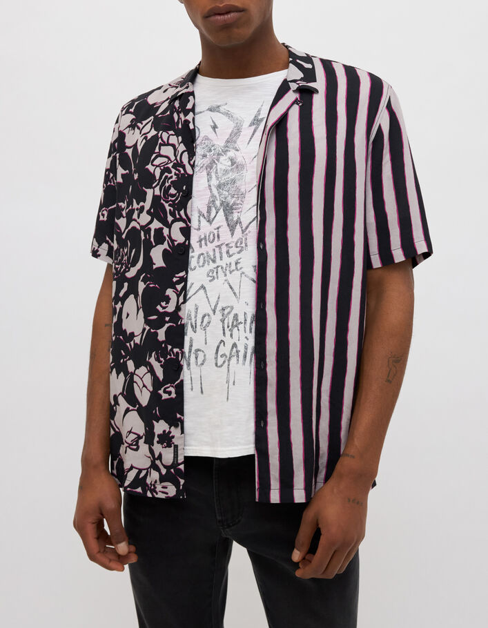 Schwarzes REGULAR-Herrenhemd mit Blumen- und Streifenprint - IKKS