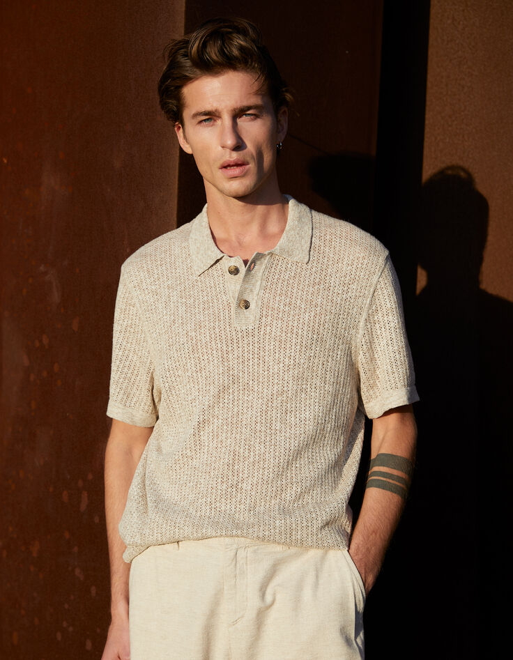 Polo beige tricot ajouré fantaisie Homme-1 Polo beige tricot ajouré fantaisie Homme-1
