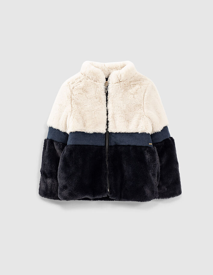 Girls’ dark navy colour block faux fur coat - IKKS