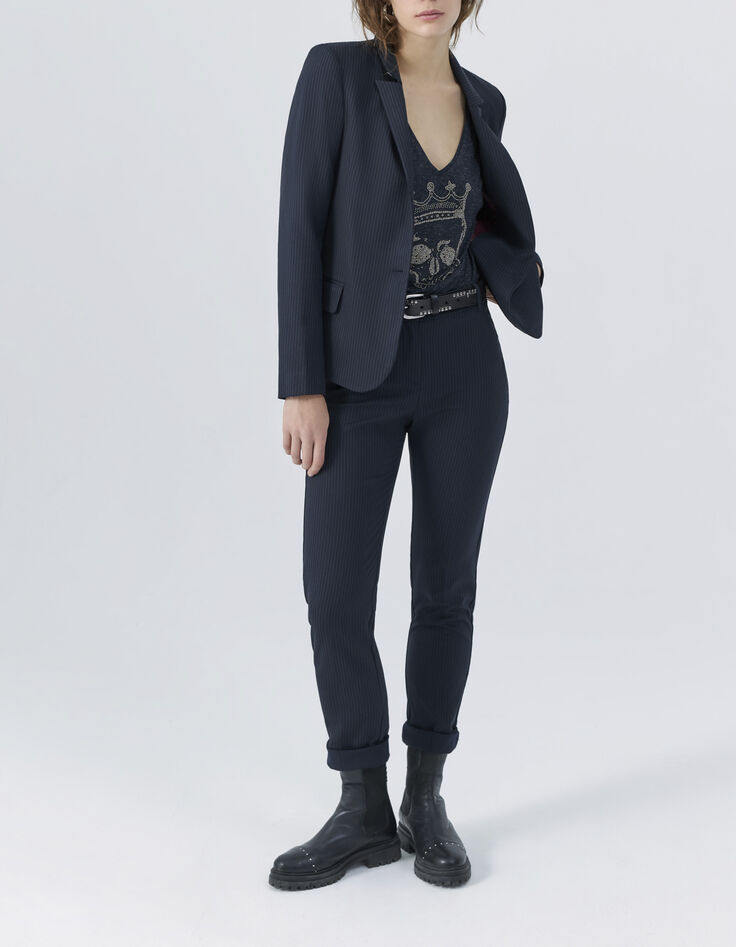 Pantalón de traje recto azul marino rayas tenis mujer-5