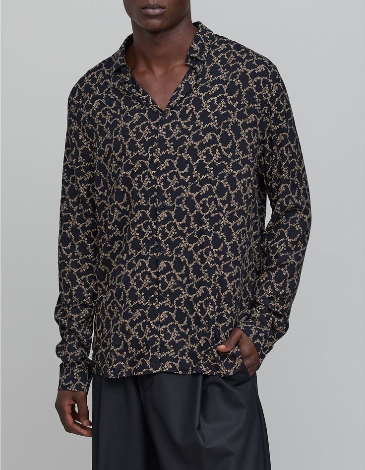 Men's black SLIM shirt with skull and flowers print-2