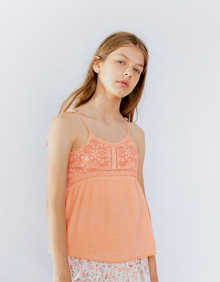 Girls’ coral strappy camisole with lace