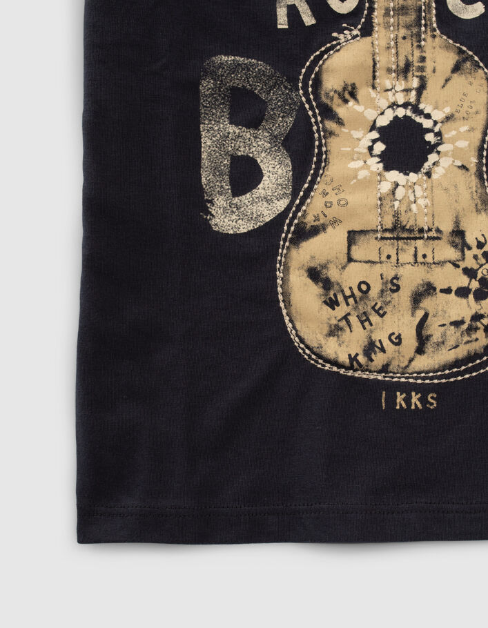 Boys’ navy organic cotton T-shirt with embroidered ukulele - IKKS
