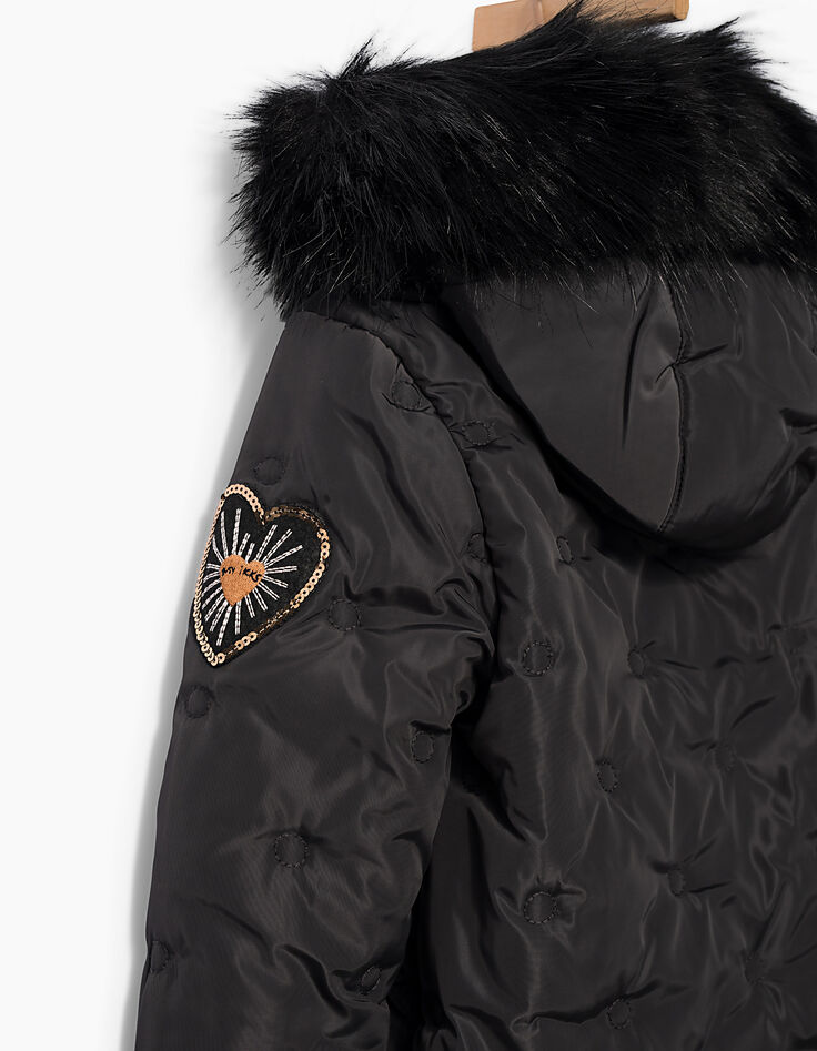 Doudoune longue noire &agrave; poches fourr&eacute;es fille-5