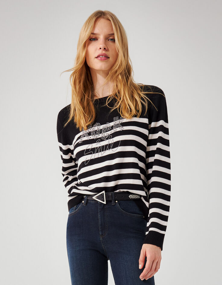 Pull en maille fine rayé noir et blanc strass rock femme-2
