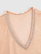 Beige top in twee materialen gestreepte ribboorden Dames-2
