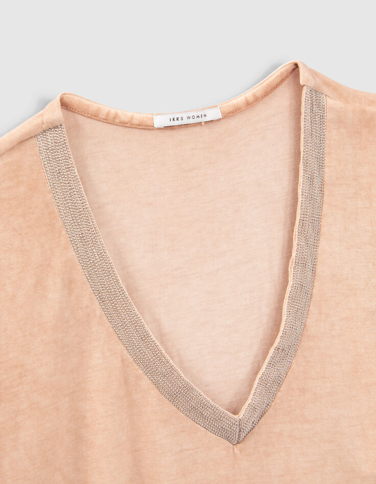 Beige top in twee materialen gestreepte ribboorden Dames-2