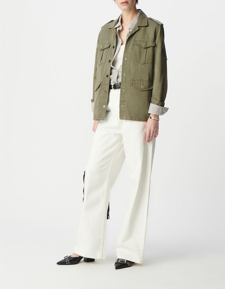 Veste saharienne kaki d&eacute;cor chevrons brod&eacute;s Femme-1