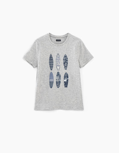 Boys’ medium grey marl organic cotton T-shirt with surfboards  - IKKS
