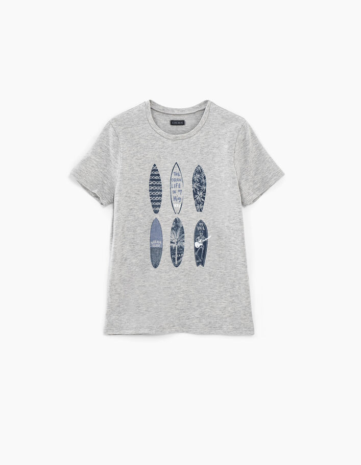Boys’ medium grey marl organic cotton T-shirt with surfboards  - IKKS