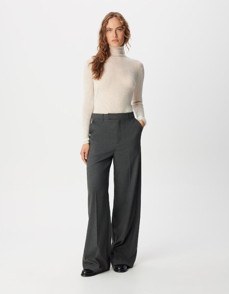 Pull col roul&eacute; blanc tricot fin c&ocirc;tel&eacute; 100% laine Femme-5