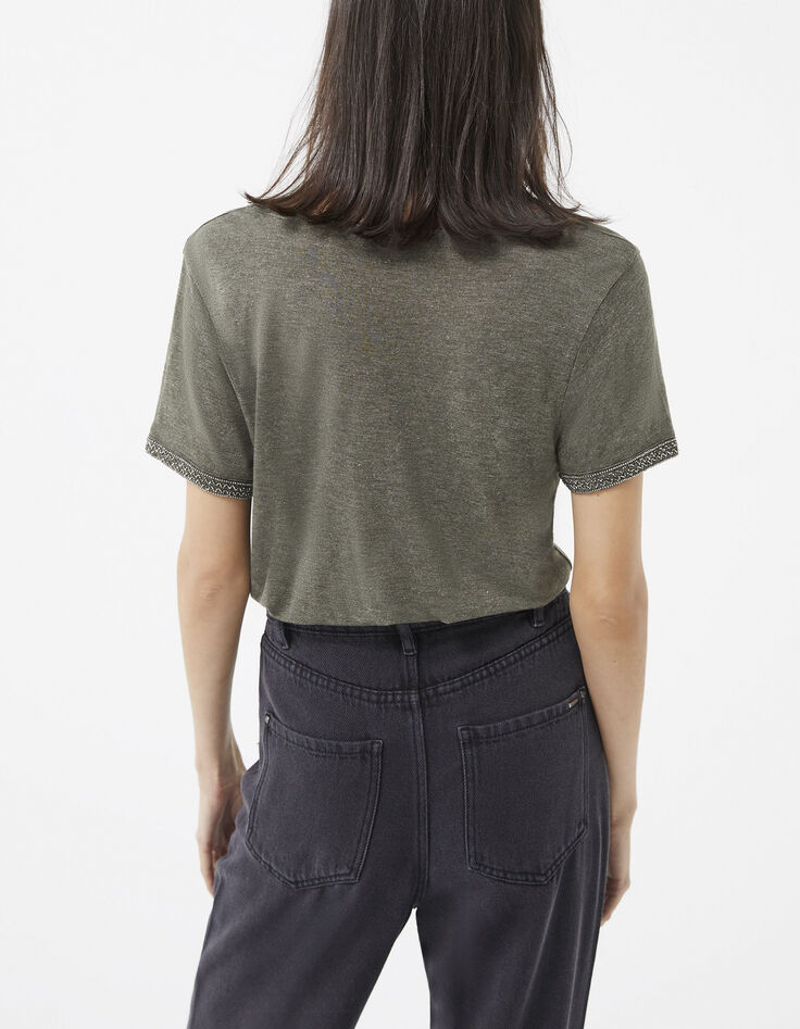 Women’s khaki button-neck T-shirt with chest pocket detail-3