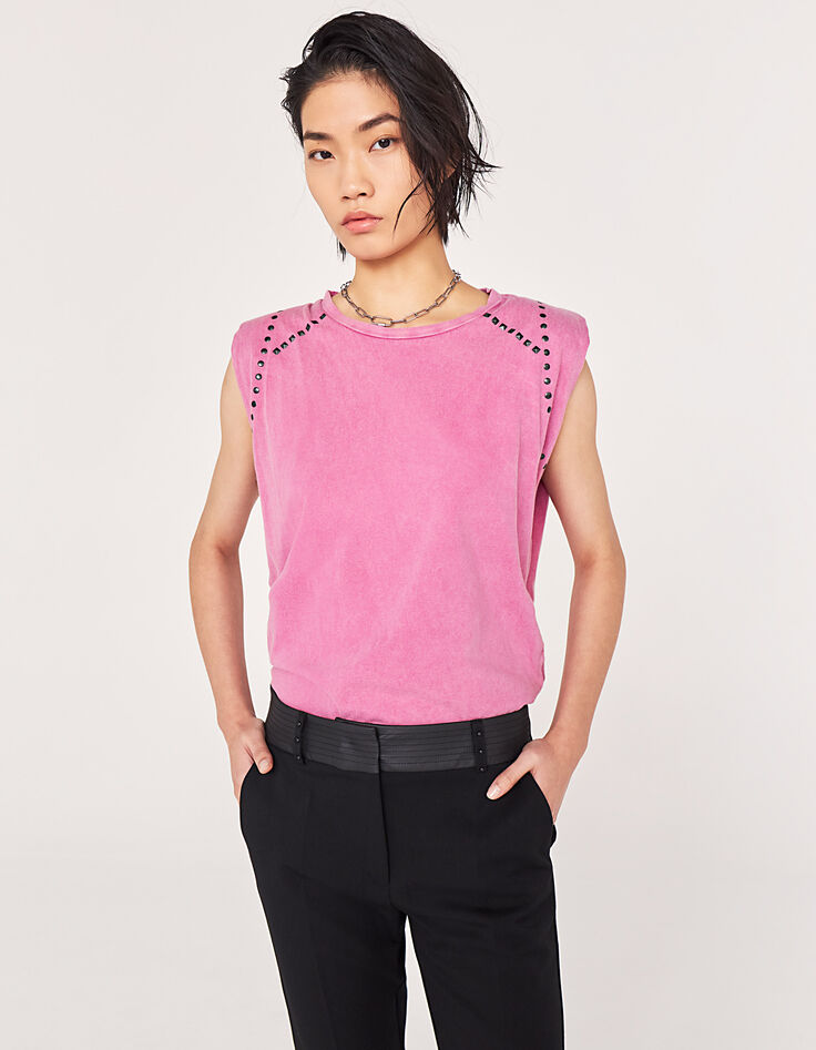 Camiseta rosa sin mangas hombreras remaches joya mujer-1