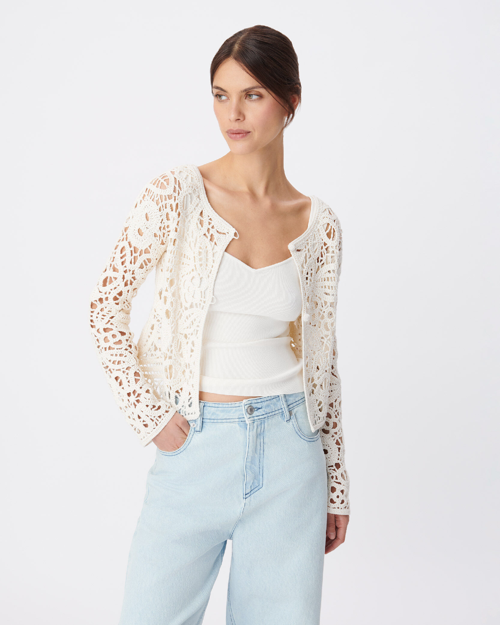 Women's ecru openwork crochet short cardigan IKKS