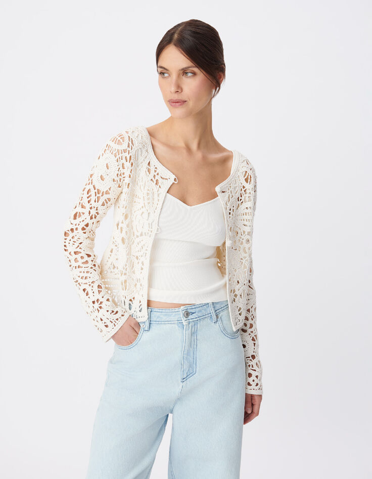 Marineblaue Damen STRICKJACKE mit durchbrochener H&auml;kelarbeit-4