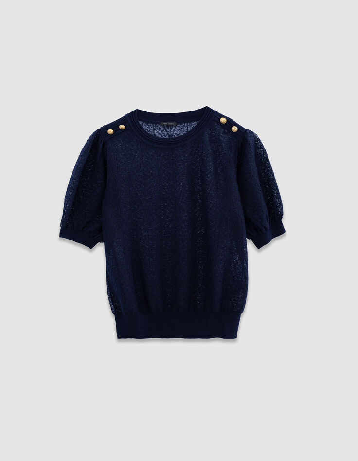 Women’s navy openwork knit sweater with buttoned shoulders-6