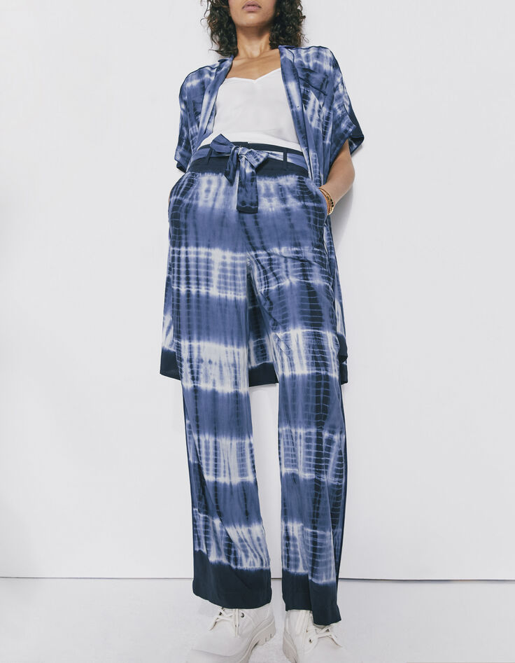 Pantalon en viscose finition tie & dye bleu et blanc femme-1