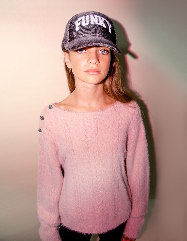 Puderrosa M&auml;dchenzopfstrickpullover-3