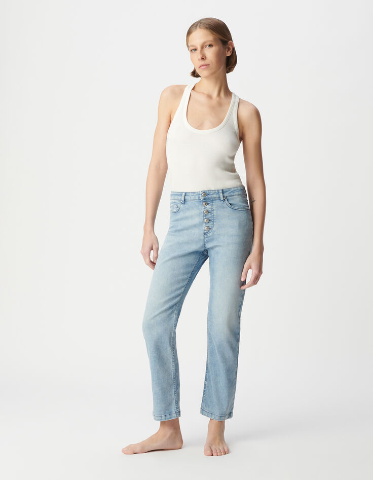 Vaqueros cropped azules de mujer con botones visibles powerstretch-2