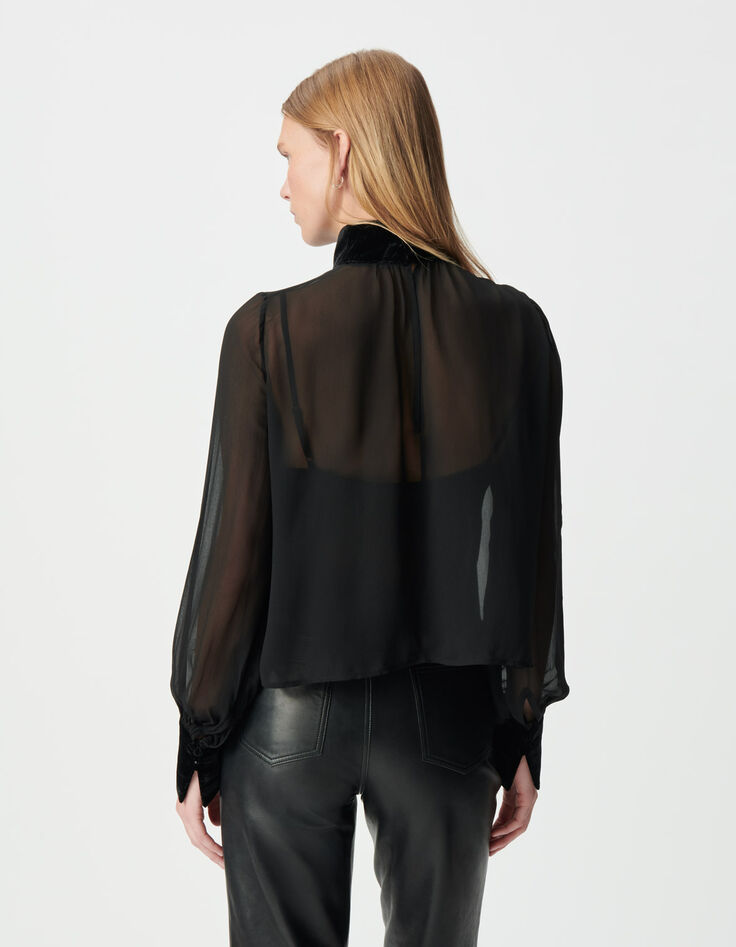 Schwarze Damenvoilebluse mit Knittersamt-3