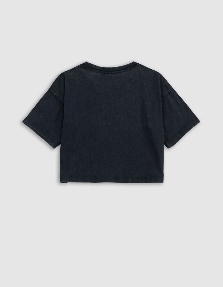 Grijs T-shirt biokatoen geflockte tekst en strepen meisjes-5
