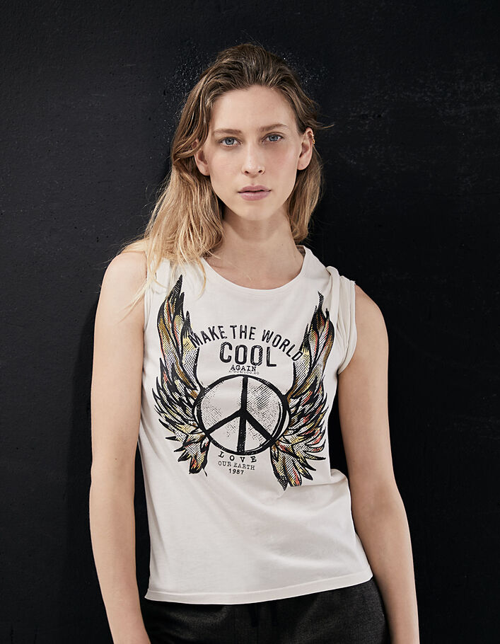 Ecru T-shirt in 100% katoen opdruk peace and love dames - IKKS