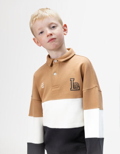 Sweat camel, écru et marine coton bio col polo garçon - IKKS
