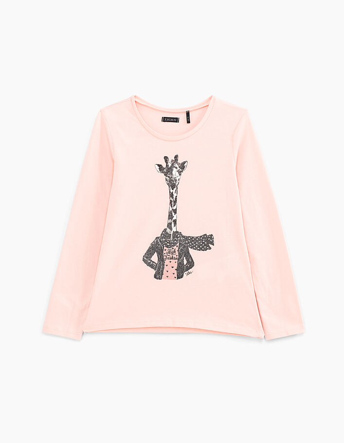 Girls' powder pink glittery giraffe graphic T-shirt - IKKS