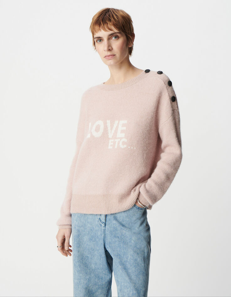 Rosafarbener Jacquard-Pullover aus Alpakamischung für Damen mit Botschaft und Knöpfen-2