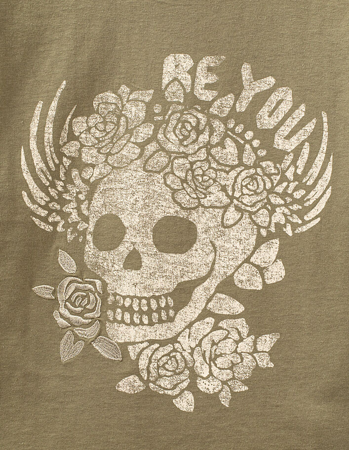 Khaki Mädchen-T-Shirt, Used-Optik, Skull-Motiv - IKKS