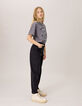Girl's black waterless GAUCHO jeans, white topstitching-1
