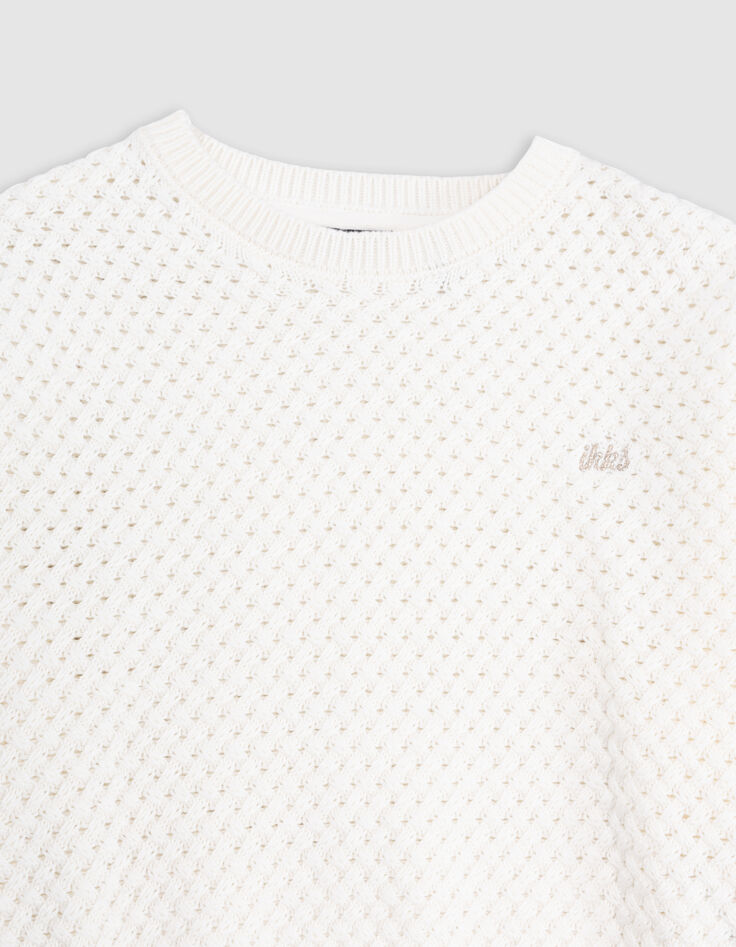 Pull blanc coton bio tricot fantaisie relief fille-4