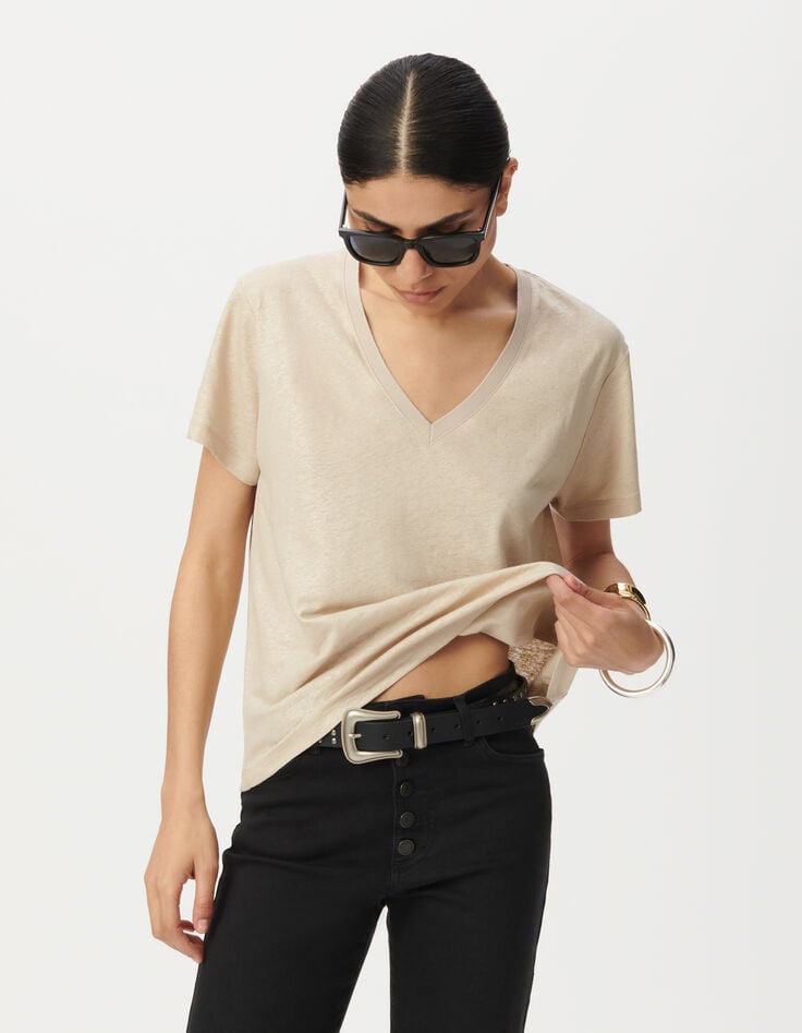 Camiseta manga corta beige irisado acanalada mujer-4 Camiseta manga corta beige irisado acanalada mujer-4
