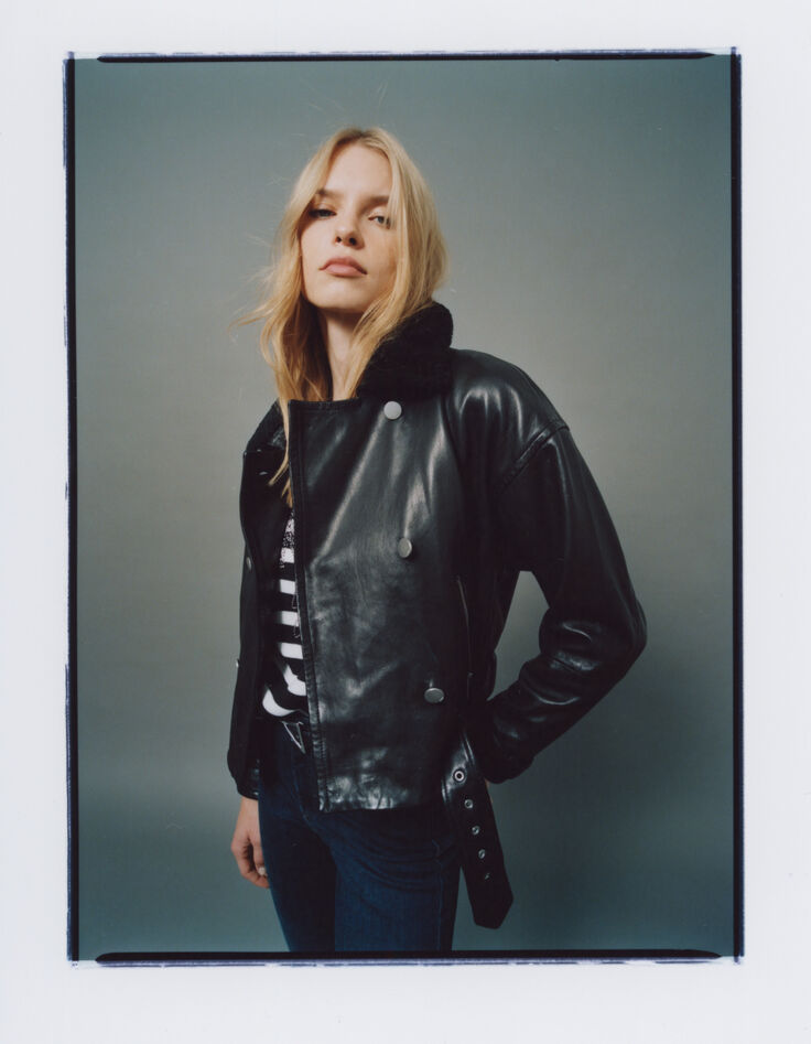 Women’s black leather jacket with faux sheepskin collar-8
