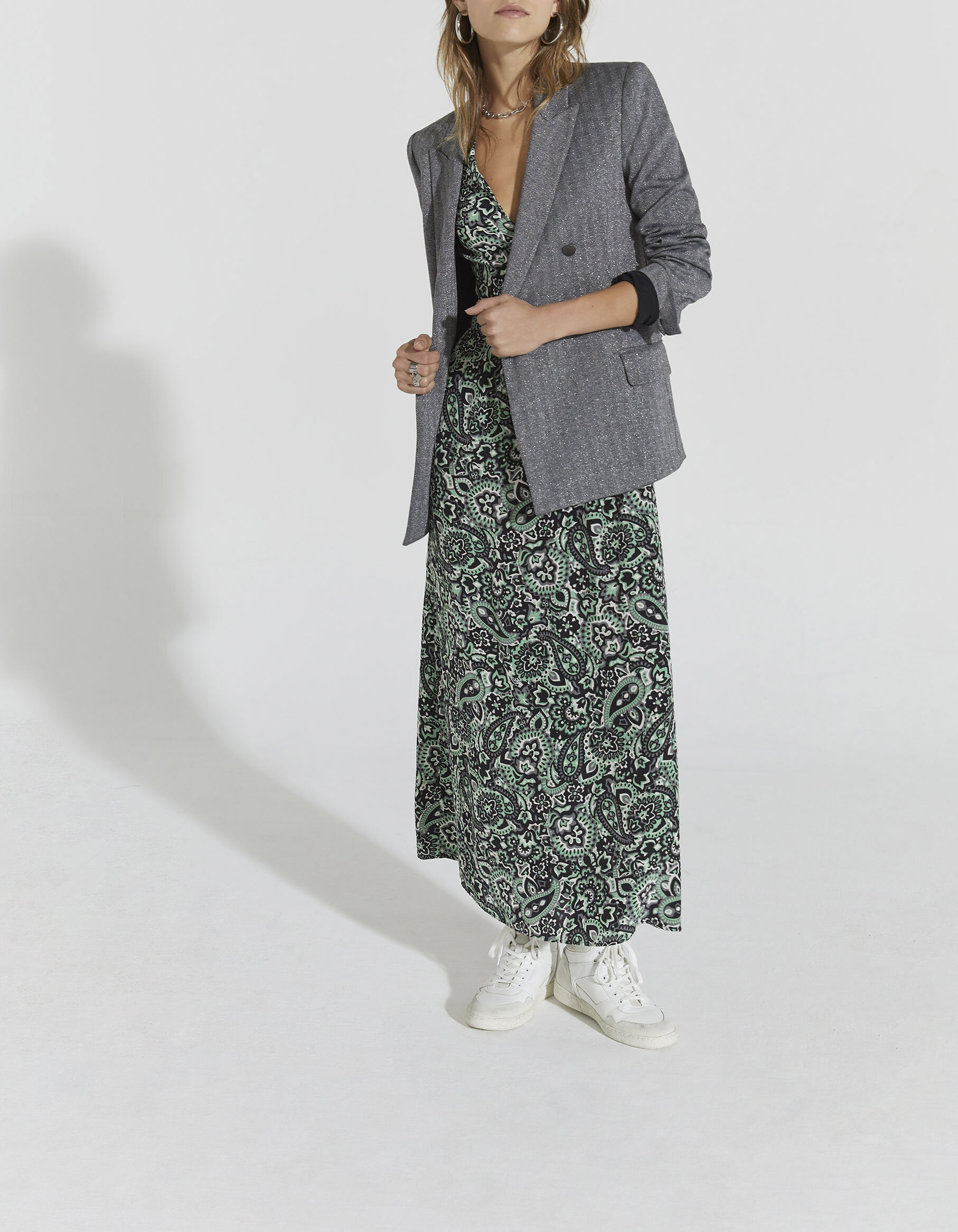 Robe longue en viscose imprim cachemire vert femme