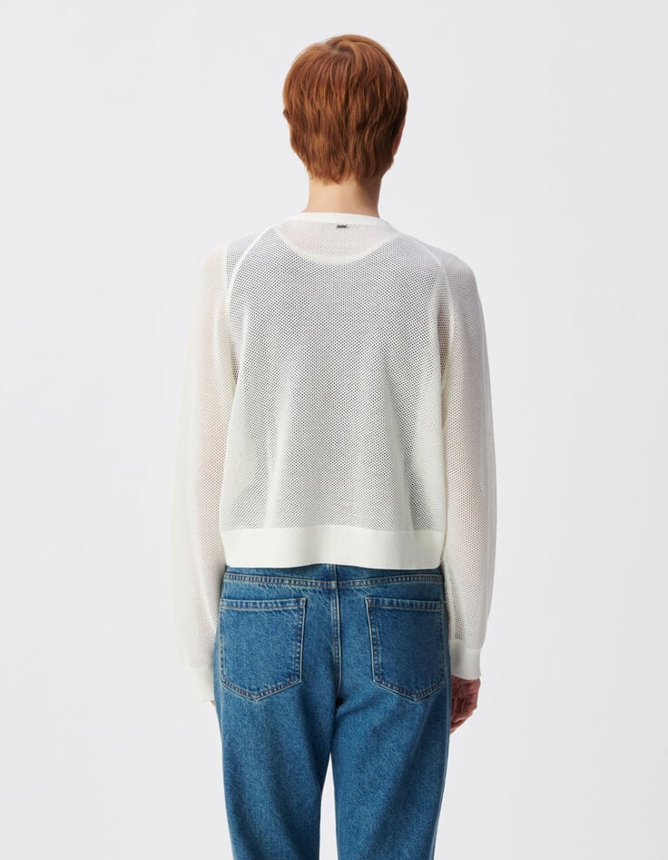 Cardigan zipp&eacute; blanc tricot ajour&eacute; Femme-3